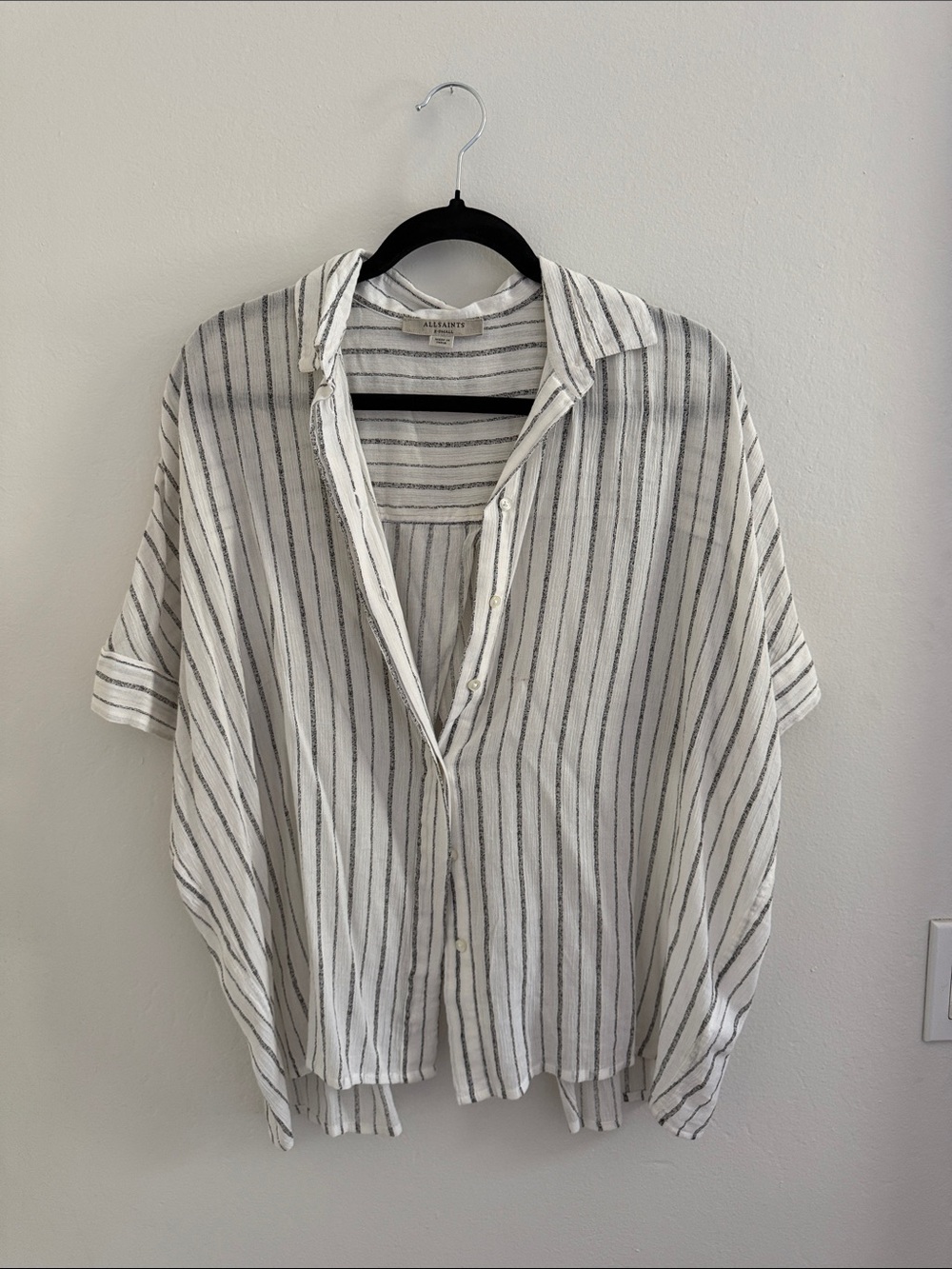 All Saints White Button-Down Shirt with Black Vertical Stripes